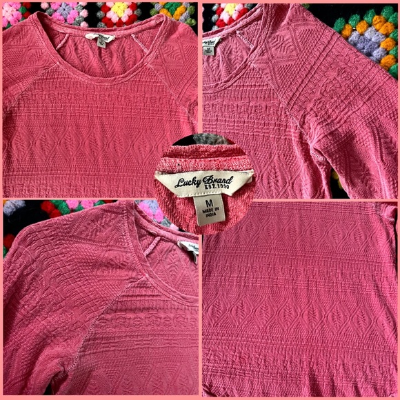 Y2K Top Lace Blouse Lucky Brand M Top Long Sleeve Tee Shirt Coral Pink - Picture 12 of 12